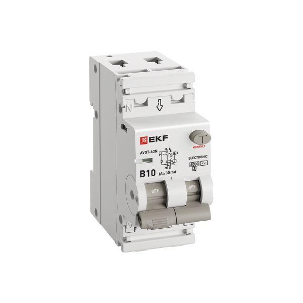 Выключатель автоматический дифференциального тока 2п (1P+N) B 10А 30мА тип AC 6кА АВДТ-63N (электрон.) PROxima EKF D63N26E10B30