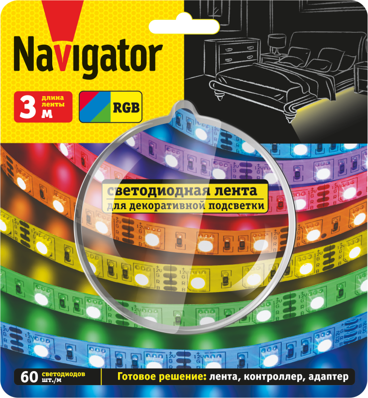 Лента светодиодная 95 145 NLS-SET-03 RGB 3м 60шт/м адаптер 1м IP20 Navigator 95145