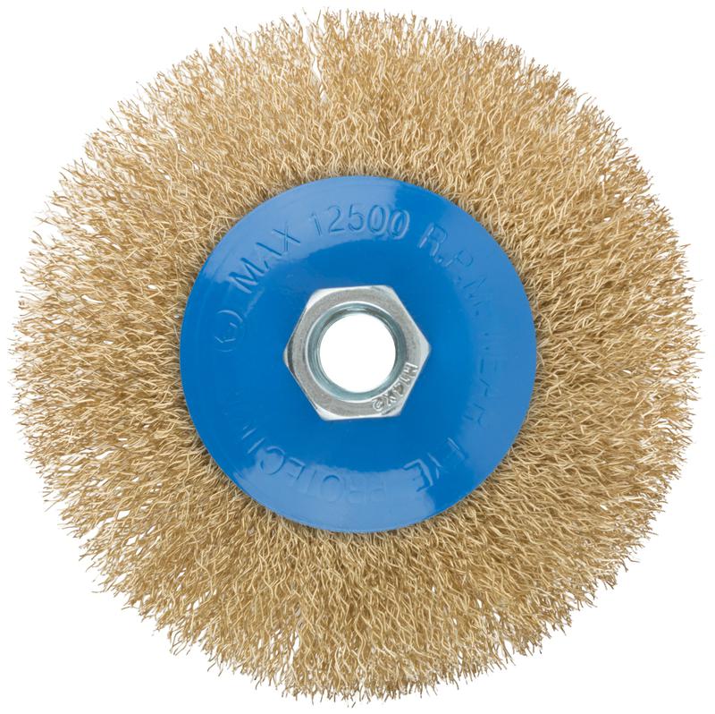 Корщетка тип "колесо" с наклоном гайка М14 стальная волнистая латунированная проволока 115мм MOS 38927М