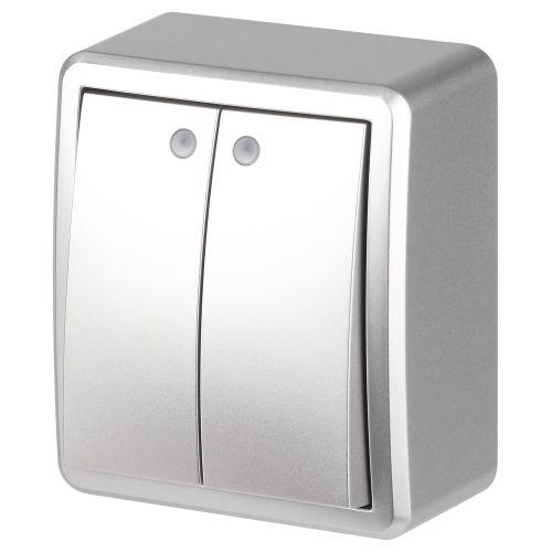 Выключатель 2-кл. ОП Эксперт 11-1205-03 10А IP20 250В 10AX с подсветкой алюм. Эра Б0063001