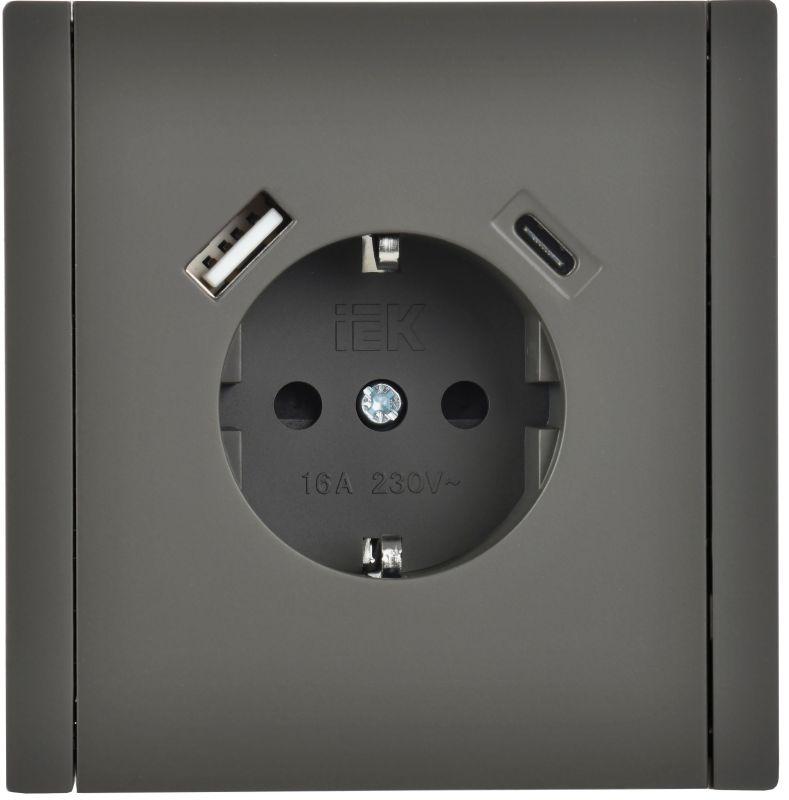 Розетка FORTE&PIANO FP347 16А USB A+C 18Вт с заземл. защ. шторки винт. крепл. сер. IEK FP-R14-16-U22-018-K03