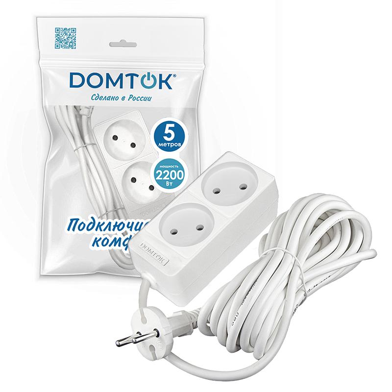 Удлинитель 2х5м без заземл. 10А IP20 2.2кВт ПВС 2х1 бел. DOMTOK 2347