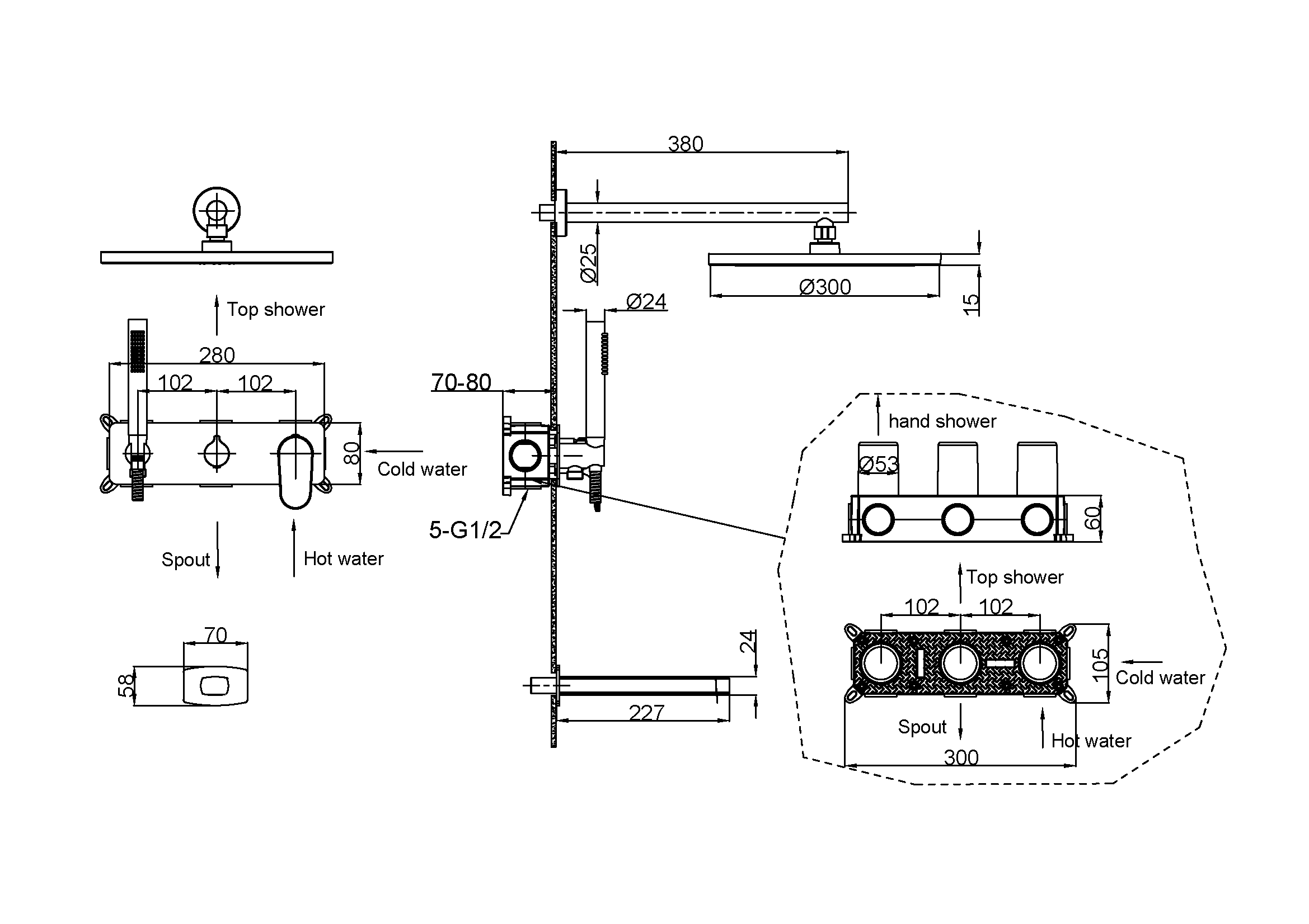 Смеситель встроенный для душа с верхней лейкой и изливом SPECTRE Gold