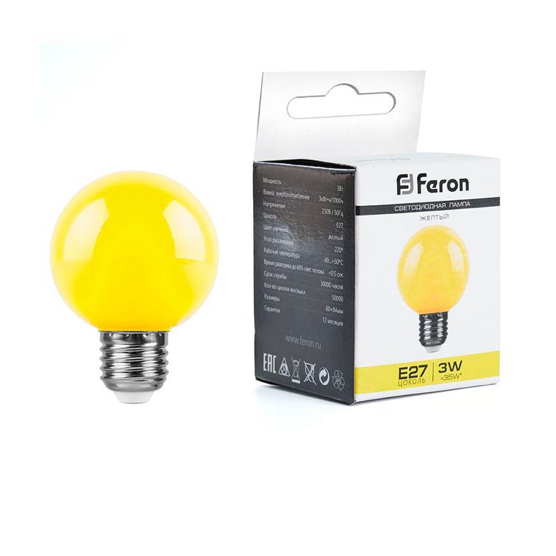 Лампа светодиодная 3Вт 230В E27 G60 матов. LB-371 желт. FERON 25904