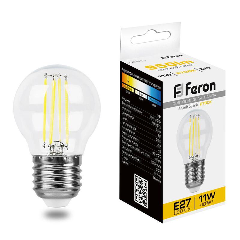 Лампа светодиодная 11Вт 230В E27 2700К прозрачн. LB-511 FERON 38015