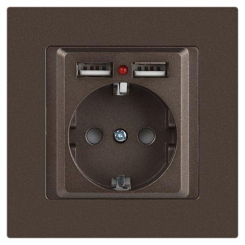 Розетка 1-м СП Accent 6-410-08 16А IP20 250В P+E Schuko + 2хUSB защ. шторки бронза Intro Б0063704