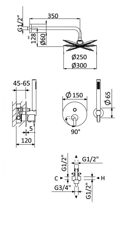 Встраиваемый душевой комплект CEZARES LEAF-DSIP-T-25-SR