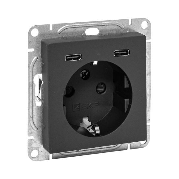 Розетка СП Эпика 16А с 2 USB-C с заземл. защ. шторки механизм черн. EKF UP1-SOB-111-2USBC