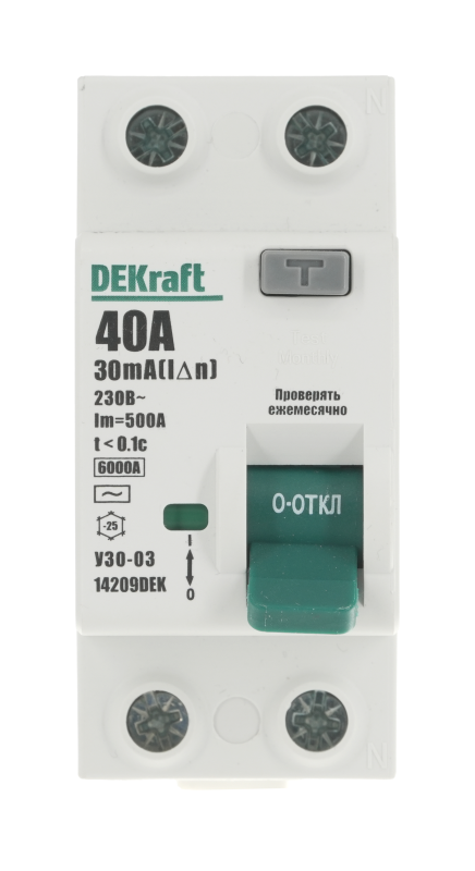 Выключатель дифференциального тока (УЗО) 2п 40А 30мА тип AC 6кА УЗО-03 DEKraft 14209DEK