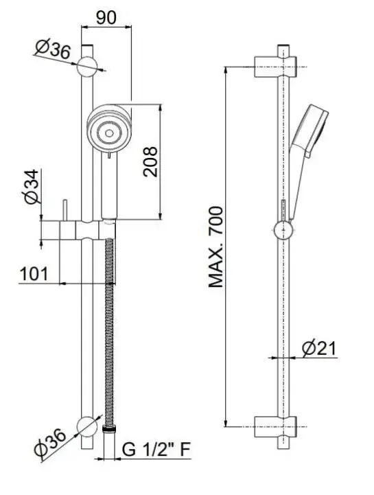 Душевая стойка NOTA c ручной лейкой на 3 режима и шлангом, без выхода для подачи воды, хром