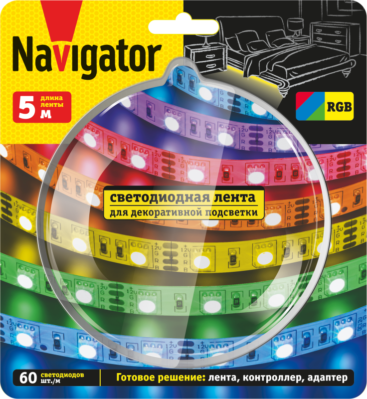 Лента светодиодная 95 146 NLS-SET-04 RGB 5м 60шт/м адаптер 1м IP20 Navigator 95146