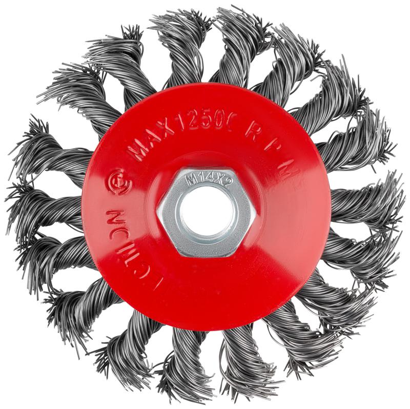 Корщетка-колесо с наклоном гайка М14 стальная витая проволока 100мм блистер КУРС 39087