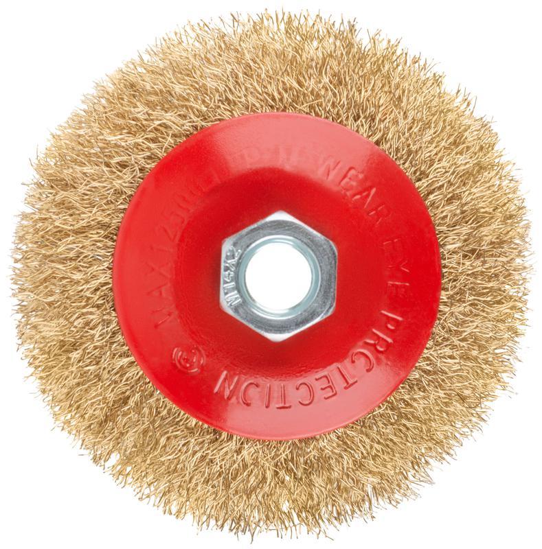 Корщетка-колесо с наклоном гайка М14 стальная волнистая латунированная проволока 100мм КУРС 39021