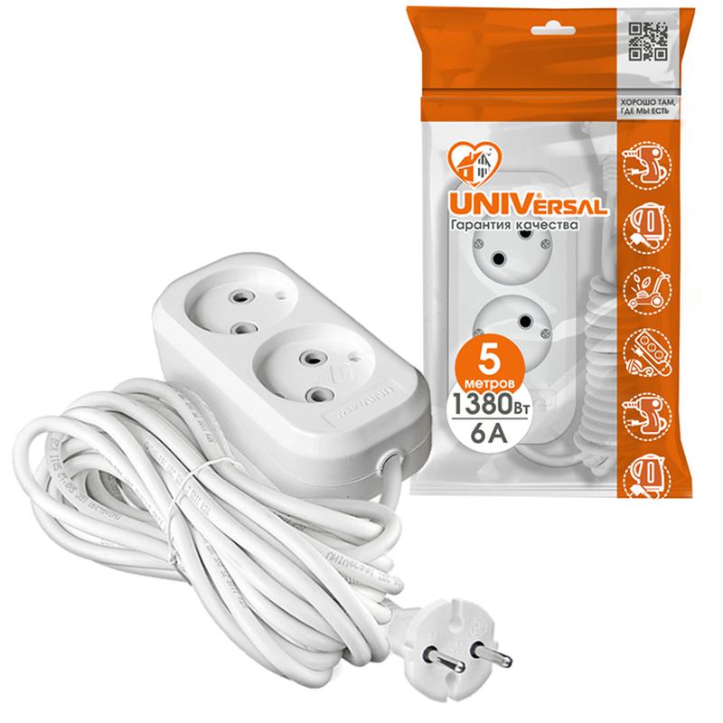 Удлинитель 2х5м без заземл. 6А IP20 У6-011М ПВС 2х0.75 UNIVersal 011М-05