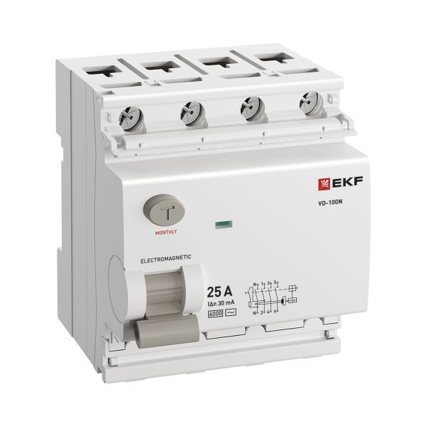 Выключатель дифференциального тока 4п 25А 30мА тип AC 6кА ВД-100N электромех. PROxima EKF E1046M2530