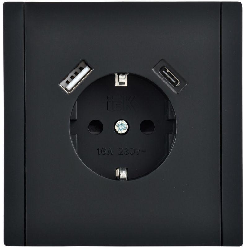 Розетка FORTE&PIANO FP147 16А USB A+C 18Вт с заземл. защ. шторки винт. крепл. черн. IEK FP-R14-16-U22-018-K02