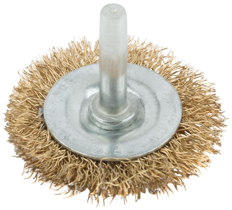 Корщетка тип "колесо" со штифтом стальная латунированная волнистая проволока 50мм MOS 38482М