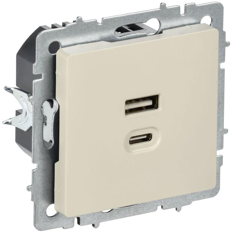 Розетка СП BRITE РЮ11-2-БрКр USB A+C 45Вт высокоскор. заряд. беж. IEK BR-U22-045-K10