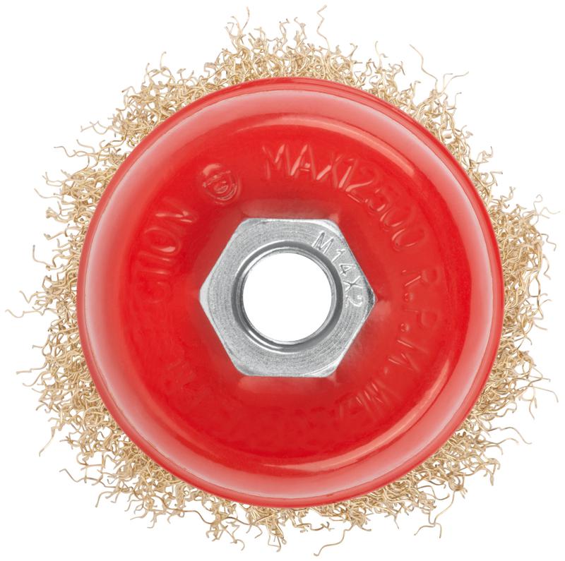 Корщетка чашечная гайка М14 стальная латунированная волнистая проволока 75мм КУРС 39037