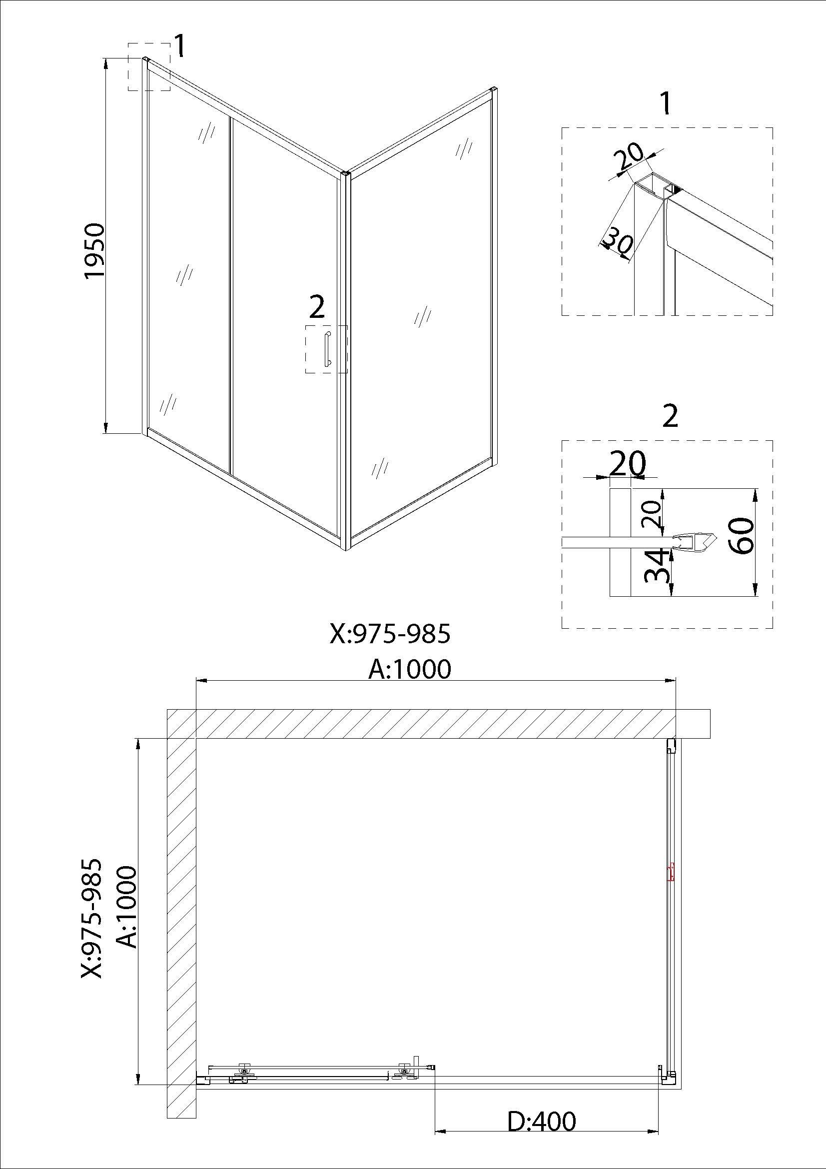 Душевое ограждение NG-62-10A-A100 (100*100*195) квадрат, дверь раздвижная