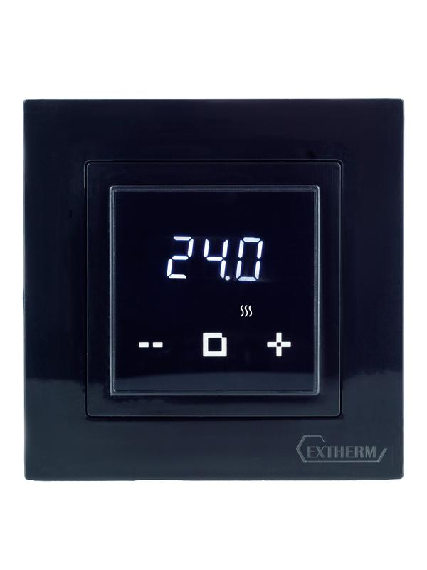Термостат програмируемый с сенсорными кнопками и датчиком темпер. пола без расписания совместим с рамками с внутрен. размером 56х56мм Schneider Unica Exxact и Legrand Valena черн. Extherm ET-43(b)