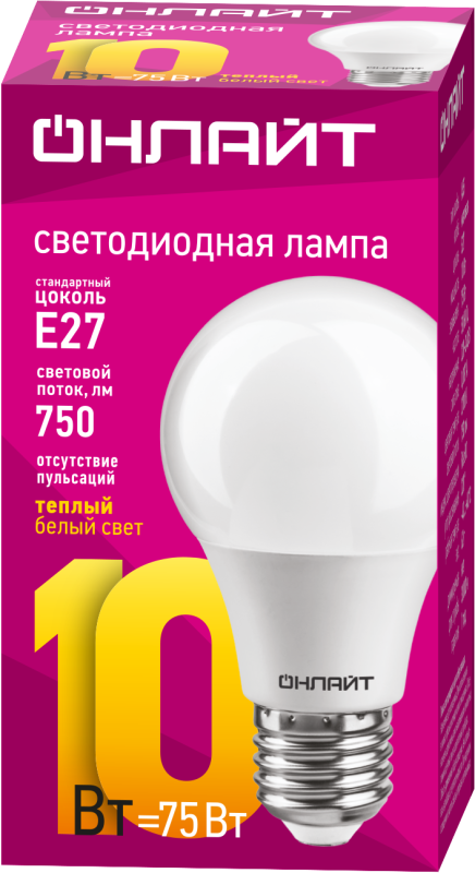 Лампа светодиодная 71 649 OLL-A60-10-230-2.7K-E27 10Вт грушевидная 2700К тепл. бел. E27 1000лм 176-264В ОНЛАЙТ 71649