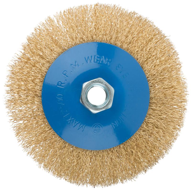 Корщетка тип "колесо" с наклоном гайка М14 стальная волнистая латунированная проволока 125мм MOS 38928М