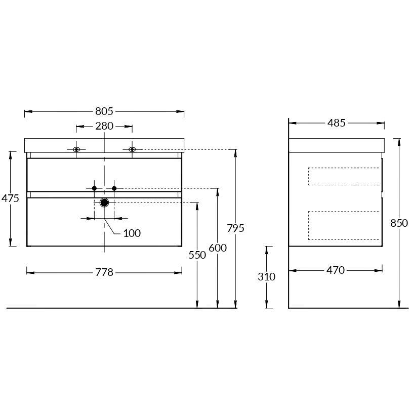 Тумба CUBO подвесная с ящиками 80, мальва матовая