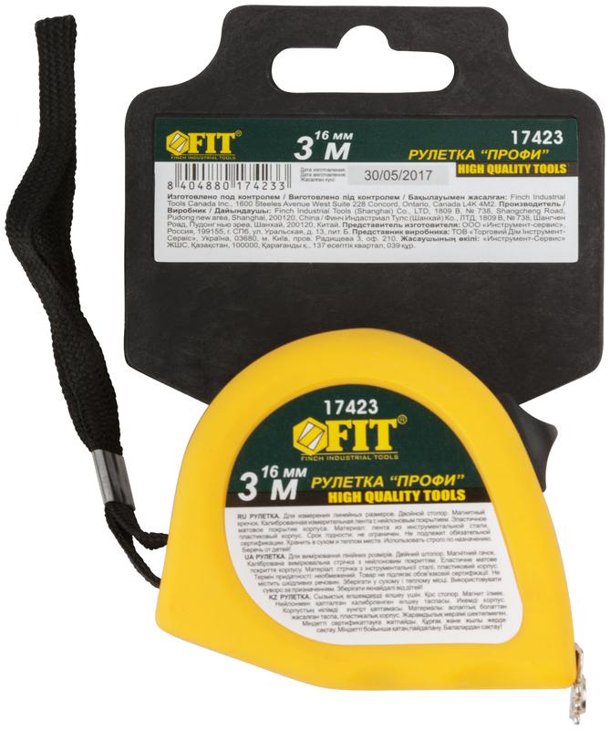 Рулетка Профи 3мх16мм калибр. лента; нейлон. покрытие; магн. крючок; эласт. корпус; двойн. стопор черн./желт. FIT 17423