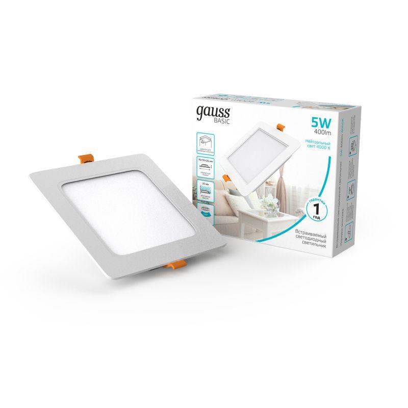 Светильник светодиодный Basic Downlight 5Вт 4000К IP20 400лм 170-260В 95х26 квадрат бел. GAUSS 9031420205