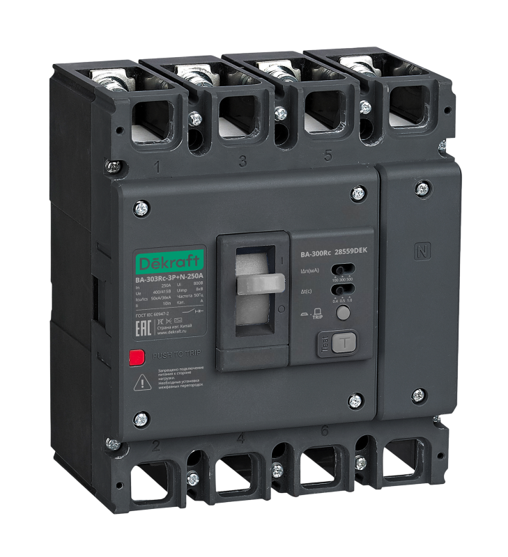 Выключатель автоматический силовой 3п 200А 50кА ВА-303Rc Inst 100/300/500мА DEKraft 28543DEK