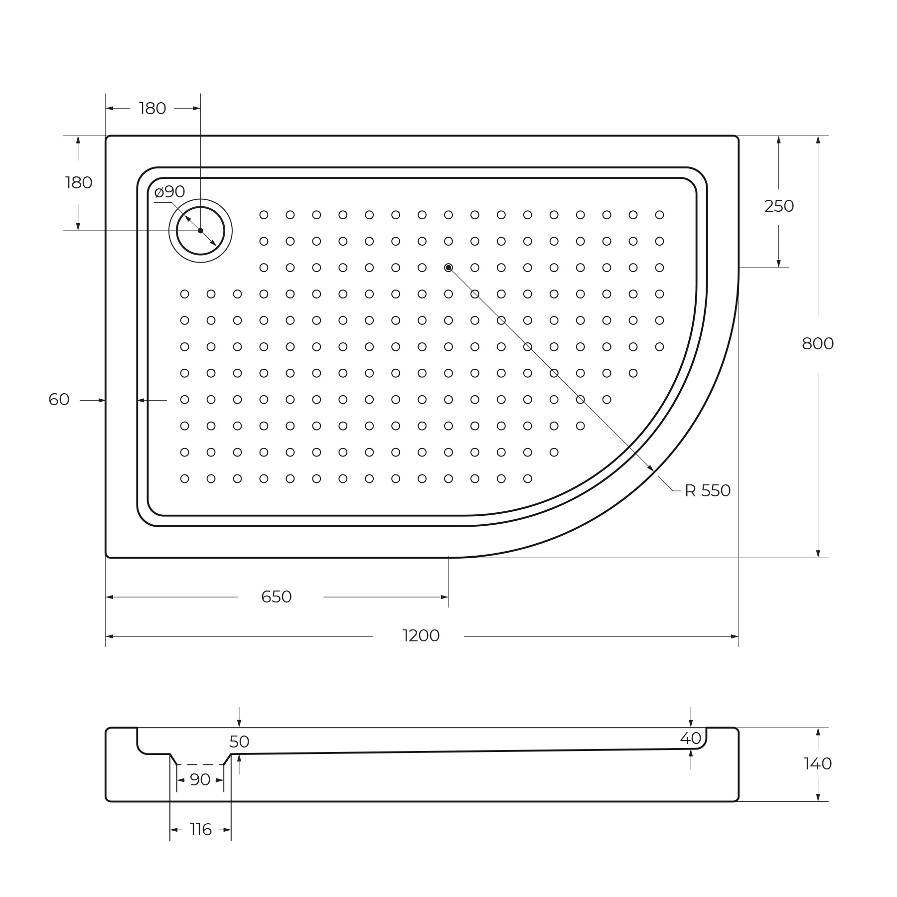 Акриловый поддон CEZARES TRAY-A-RH-120/80-550-15-W-L