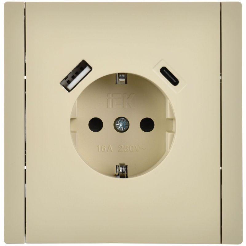 Розетка FORTE&PIANO FP447 16А USB A+C 18Вт с заземл. защ. шторки винт. крепл. ваниль IEK FP-R14-16-U22-018-K10