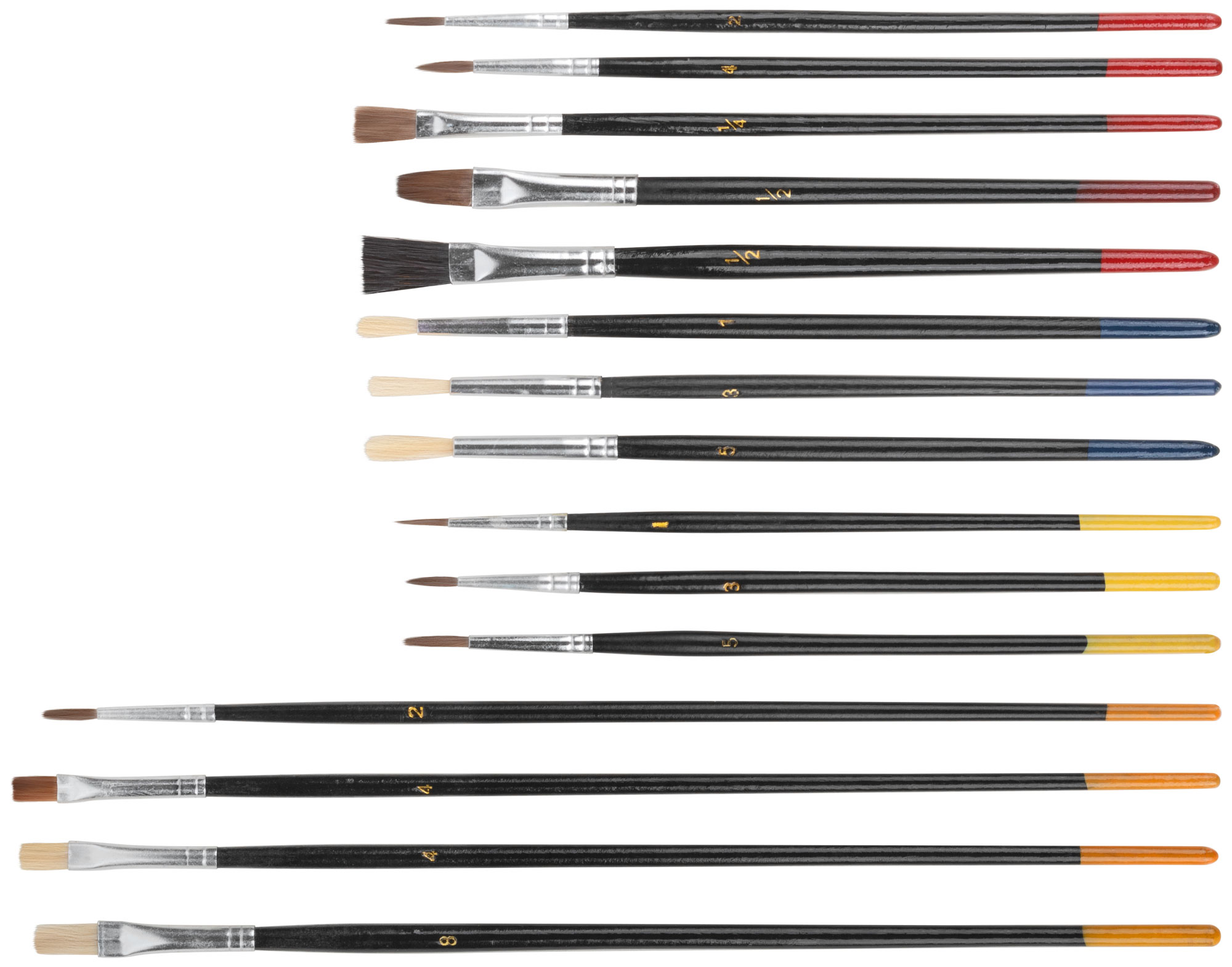 Кисти художественные, натуральная щетина, деревянная ручка, плоские и круглые, набор 15 шт.