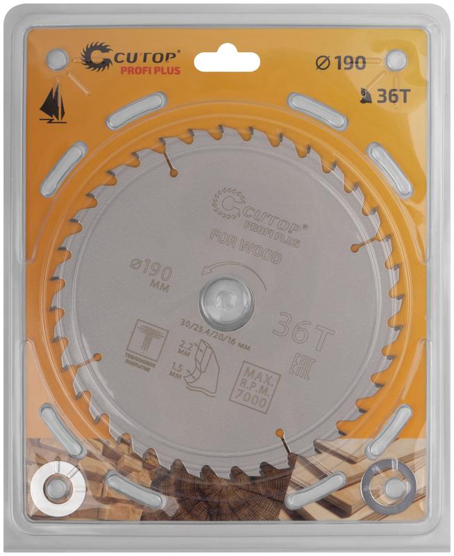 Диск пильный по дереву с тефлоновым покрытием 36Т Profi plus 190х1.5/2.2х30/25.4/20/16мм Cutop 75-19036Т