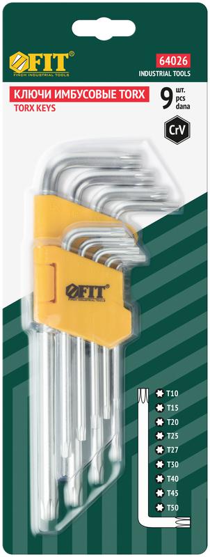 Ключ "звездочки" Т10-Т50 длинный с отверст. в пластик. держателе CrV сталь (уп.9шт) FIT 64026