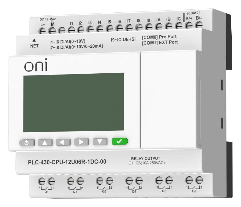 Модуль ЦПУ ПЛК 430 4 DI 6 UI (0-10В/DI) 2 UI (0-10В/0-20мА/DI) 6 RO 24В DC с Ethernet портом с экраном ONI PLC-430-CPU-12U06R-1DC-00