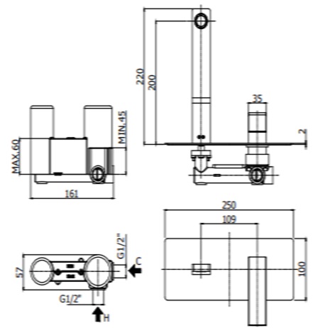 Смеситель для раковины Paffoni ELLE EL105NO70 встраиваемый Черный матовый