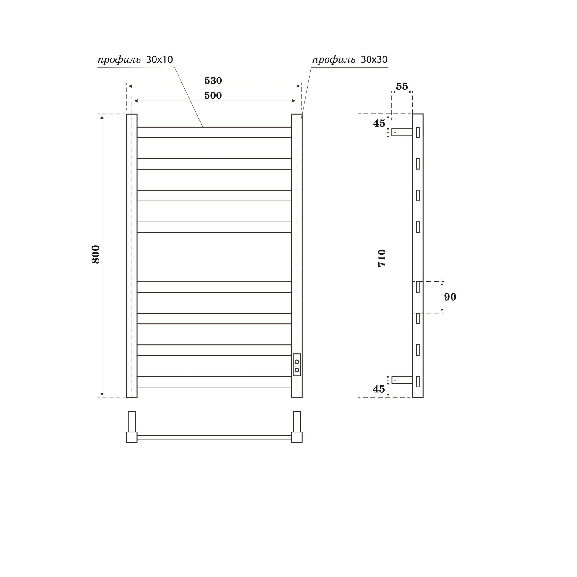 Полотенцесушитель электрический Point Меркурий PN83858GR П8 500x800, диммер справа, графит премиум