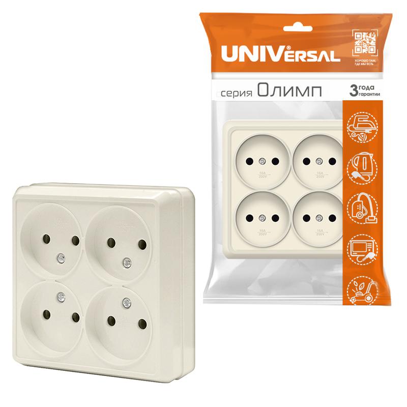 Розетка 4-м ОП Олимп 16А IP20 квадрат. без заземл. сл. кость UNIVersal 1170