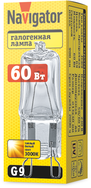 Лампа галогенная 94 216 JCD9 60Вт капсульная G9 3000К 230В clear 2000h Navigator 94216