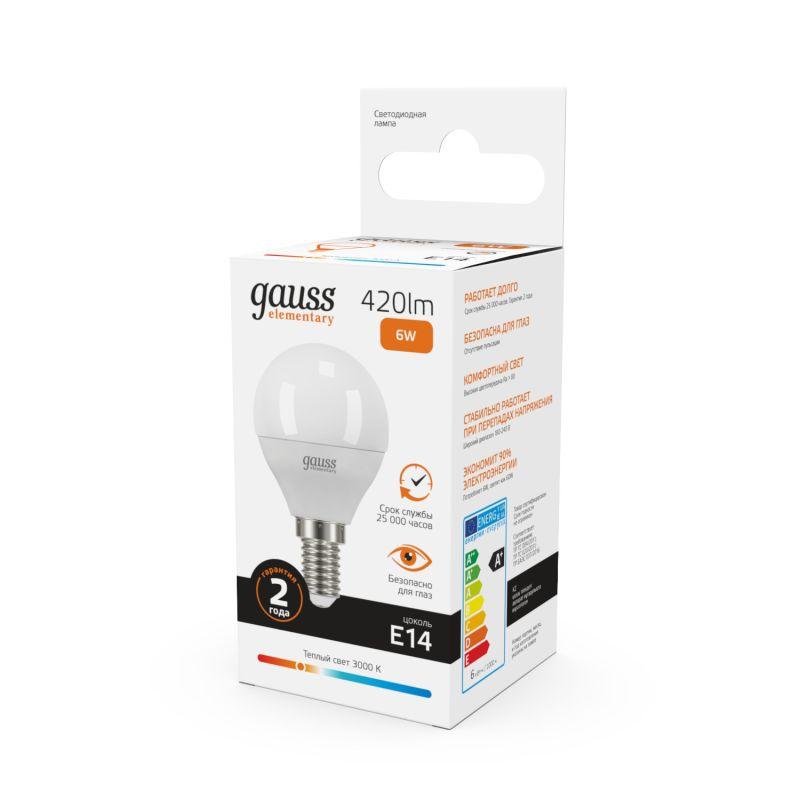 Лампа светодиодная Elementary 6Вт P45 шар 3000К тепл. бел. E14 420лм GAUSS 53116