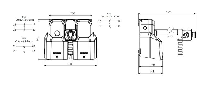 Педаль двойная (1НО+1НЗ) + ((1НО+1НЗ)+2НЗ) 2 скорости с фиксацией с защитным кожухом (алюм.) желт. цвета с рукояткой со стойкой (250В AC 4А) IP65 EMAS PDKA22BG33O