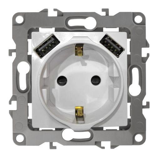 Розетка 16А 250В 2P+E с 2хUSB 5В-3А защ. шторки Elegance бел. 14-4109-01 ЭРА Б0047867