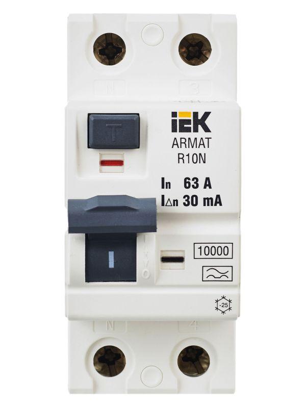 Выключатель дифференциального тока (УЗО) 2п 63А 30мА тип A ВДТ R10N ARMAT IEK AR-R10N-2-063A030