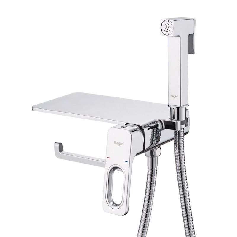 Гигиенический душ со смесителем встраиваемый с полкой и бумагодержателем Raglo R51.55, хром