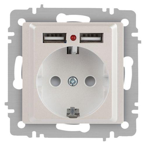 Розетка 1-м СП Accent 6-410-06 16А IP20 250В P+E Schuko + 2хUSB защ. шторки перламутр. Intro Б0063700