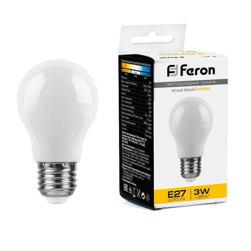 Лампа светодиодная 3Вт 230В E27 2700К A50 LB-375 матов. FERON 38266