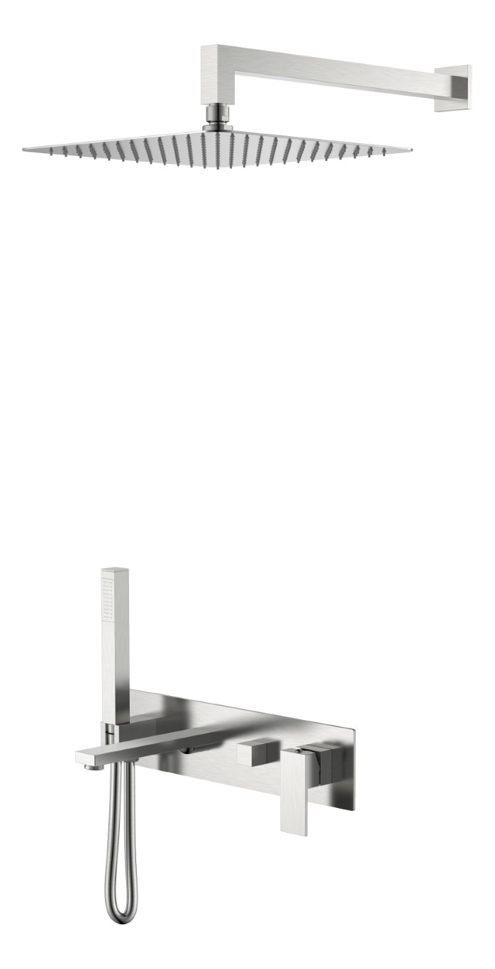 Смеситель встроенный + верхний+ ручной душ Qubic Brushed Nickel с изливом