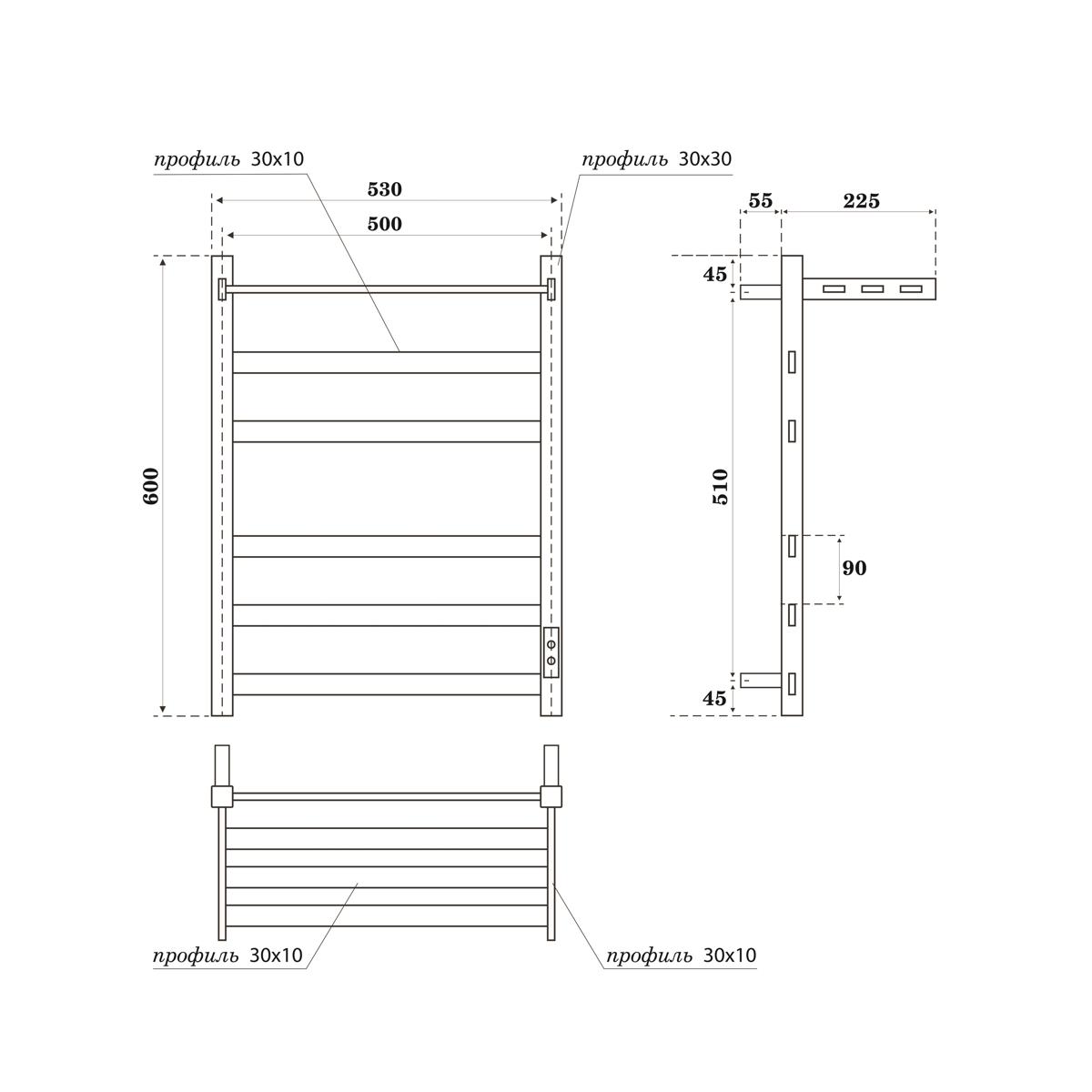 Полотенцесушитель электрический Point Меркурий PN83856PB П5 500x600 с полкой, диммер справа, черный